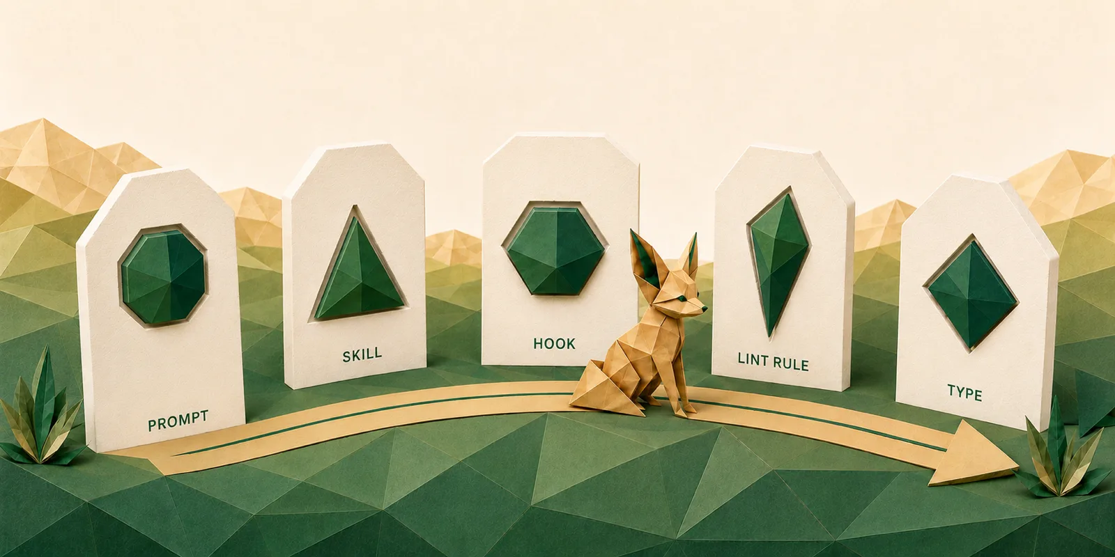 Five paper markers on a folded landscape, each carved with a shape and labelled prompt, skill, hook, lint rule, and type, with a fox on the path running left to right